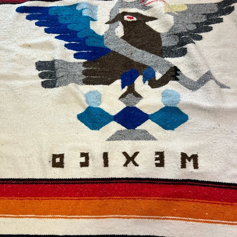 Vintage Hand Woven Mexican Aztec Snake Eagle Bird Blanket Rug Fringe 70”x40”